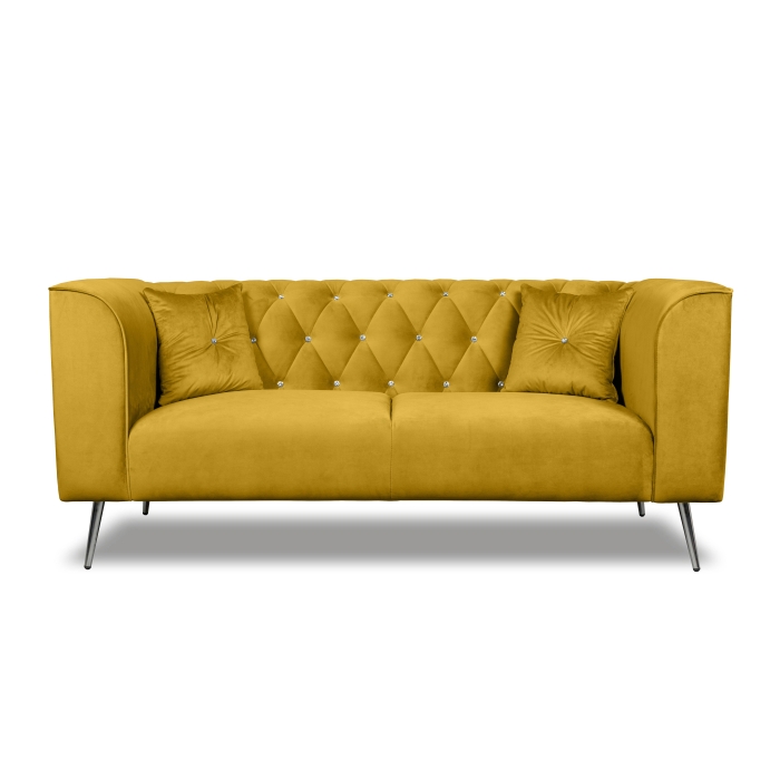 Sofa skandynawska trzyosobowa na wysokich metalowych nogach, sofa pikowana w guziki kryształowe - Kare 3-osobowa